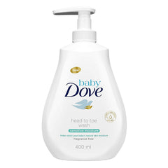 Dove Baby Head to Toe Wash closeup shows tear-free formula for newborn routines
