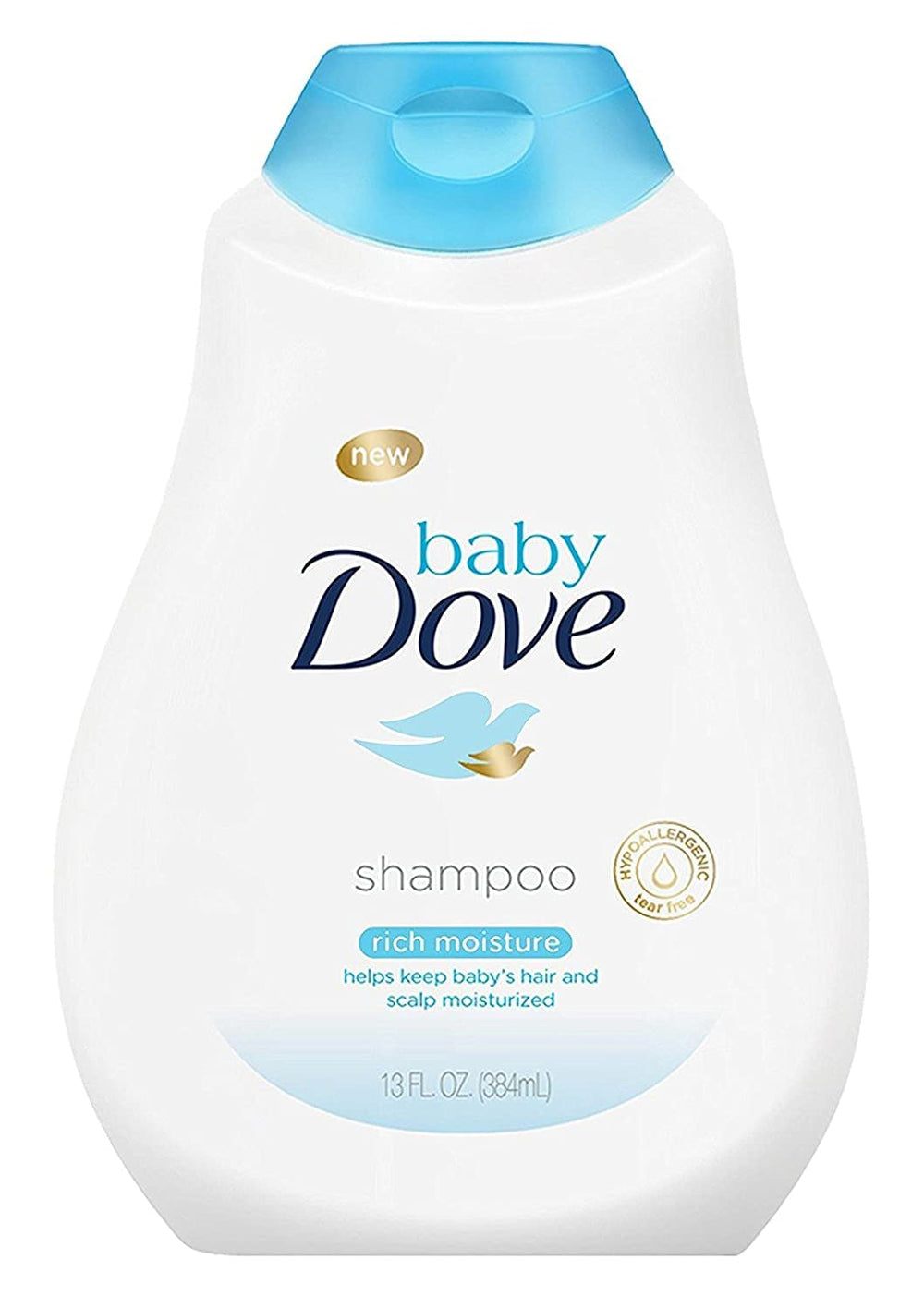 Dove Baby Tear Free Shampoo bottle close-up showing rich moisture for gentle cleansing.