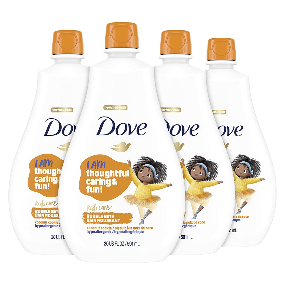 Dove Kids Care Bubble Bath Coconut Cookie bottle shows gentle formula for kids' bathing
