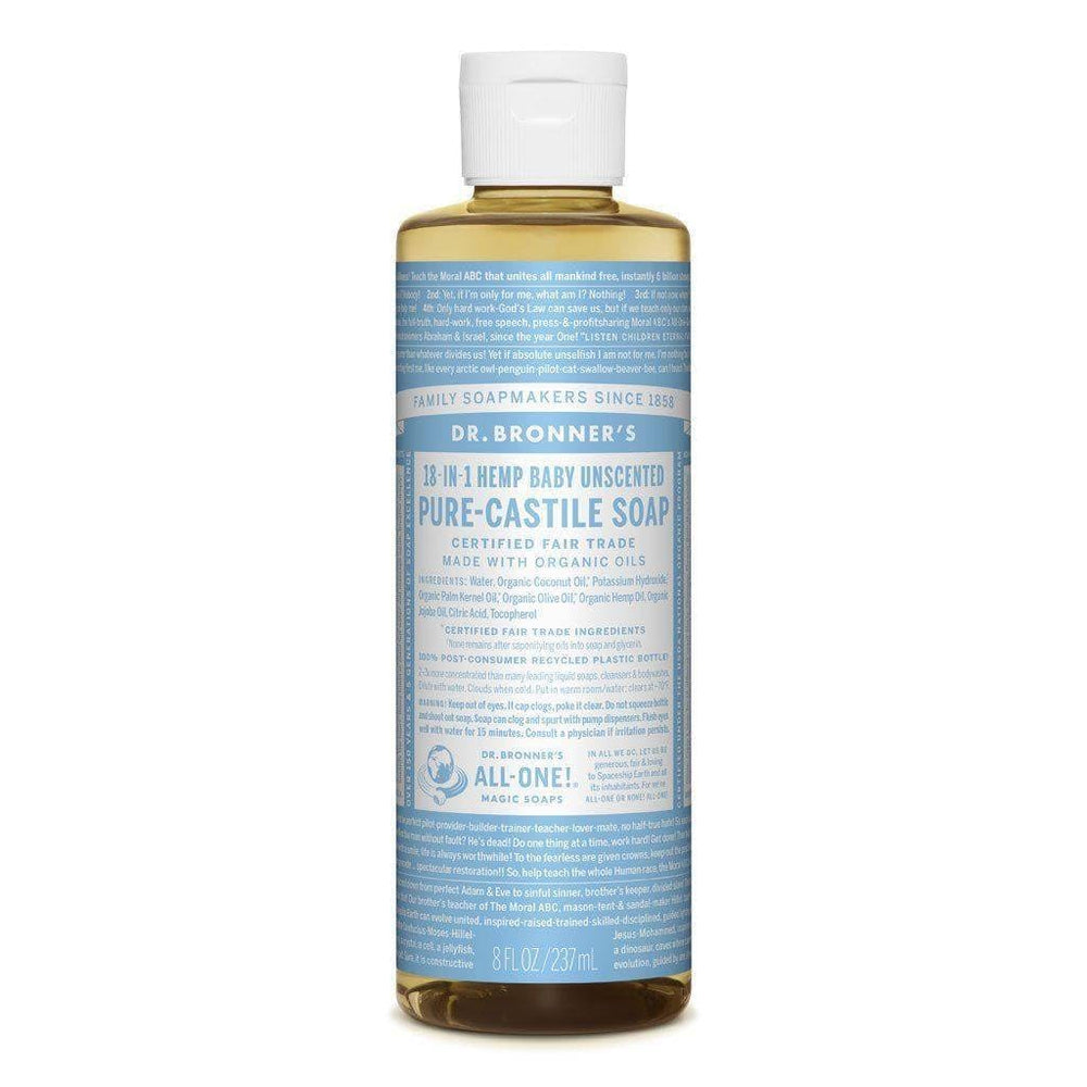 Dr. Bronner's Baby Soap Liquid Castile bottle shown for gentle multi-use cleaning and body care.