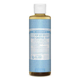 Dr. Bronner's Baby Soap Liquid Castile bottle shown for gentle multi-use cleaning and body care.
