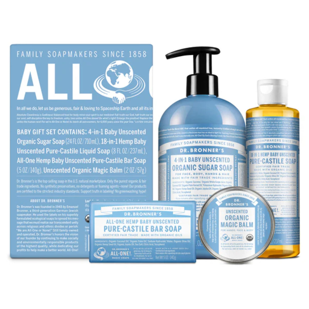 Dr. Bronner's Baby Unscented Gift Set packaging highlights eco-friendly materials.