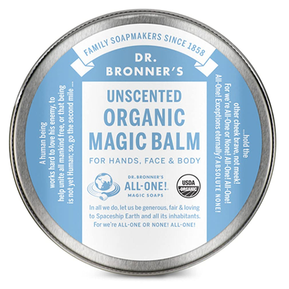 Dr. Bronner's Organic Magic Balm baby unscented packaging highlights baby-friendly moisture benefits