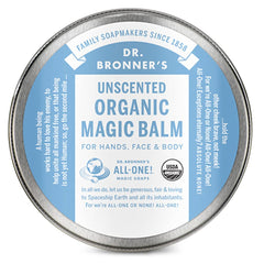 Dr. Bronner's Organic Magic Balm baby unscented packaging highlights baby-friendly moisture benefits