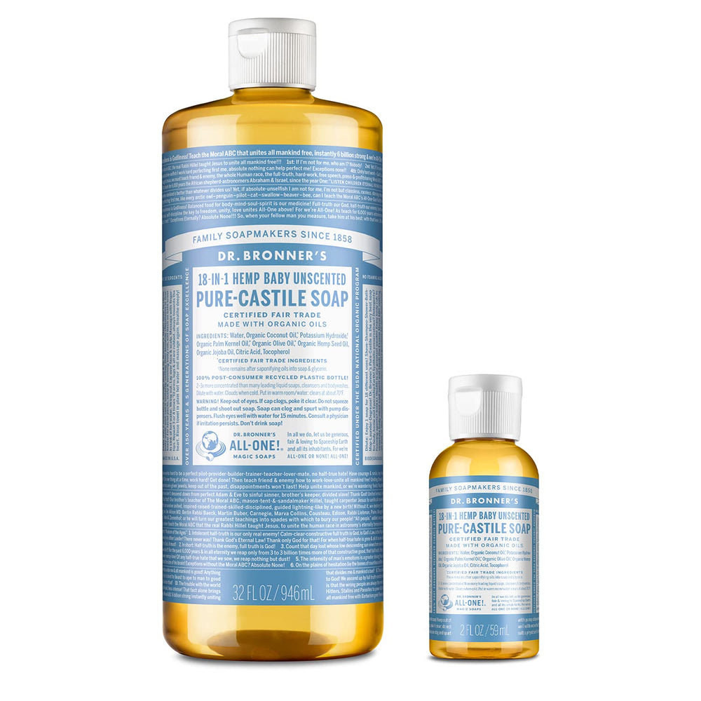 Dr. Bronner's Baby Unscented 32oz bottle for gentle, all-purpose cleansing.