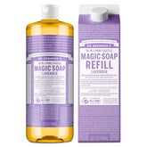 Dr. Bronner's Lavender Pure-Castile bottle demonstrates rich lather for skin cleansing.