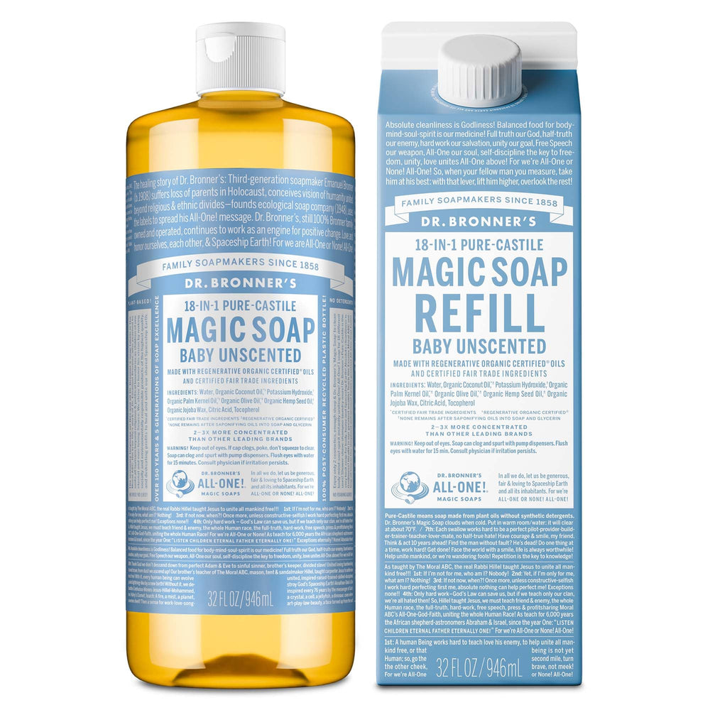 Dr. Bronner's Pure-Castile liquid soap bottle showing the 32 oz multi-use formula for skin and home