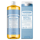 Dr. Bronner's Pure-Castile liquid soap bottle showing the 32 oz multi-use formula for skin and home