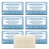 Dr. Bronner's Pure-Castile Magic Bar Baby Unscented packaging shows recycled wrap for planet-friendly daily use.