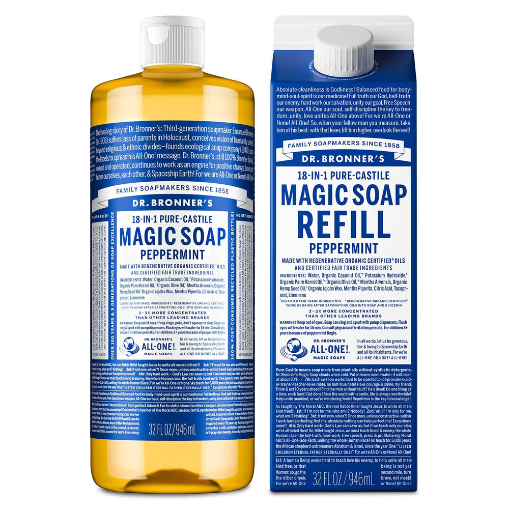 Dr. Bronner’s Peppermint castile bottle lather delivers refreshing cleansing for skin.