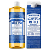 Dr. Bronnerβs Peppermint castile bottle lather delivers refreshing cleansing for skin.