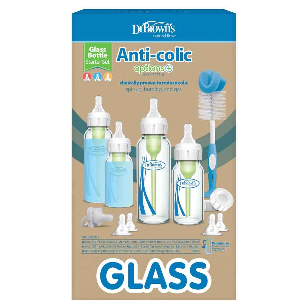 Dr. Brown's anti-colic glass narrow bottle set with vented system reduces feed-time fuss and gas.