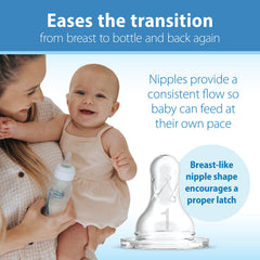 Dr. Brown's breast-like nipple closeup promotes proper latch for natural feeding