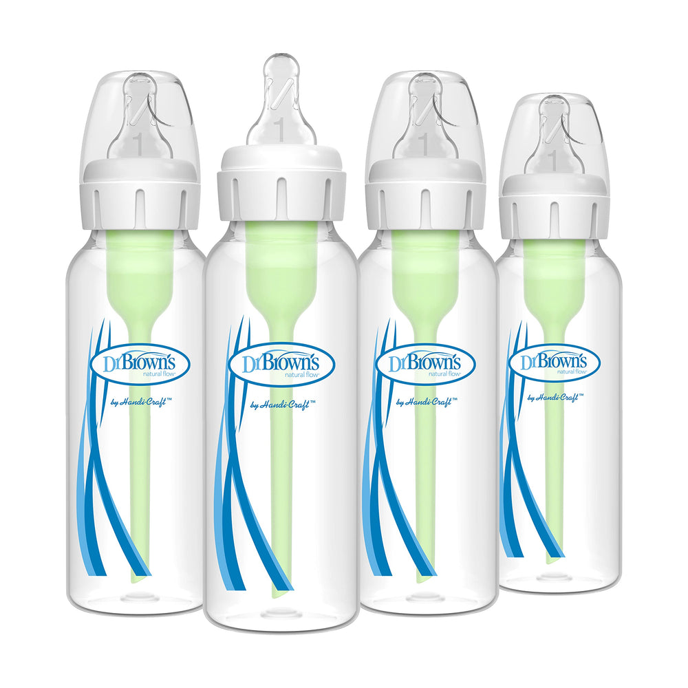 Dr. Brown's Natural Flow bottle closeup showing anti-colic design for calmer feeds