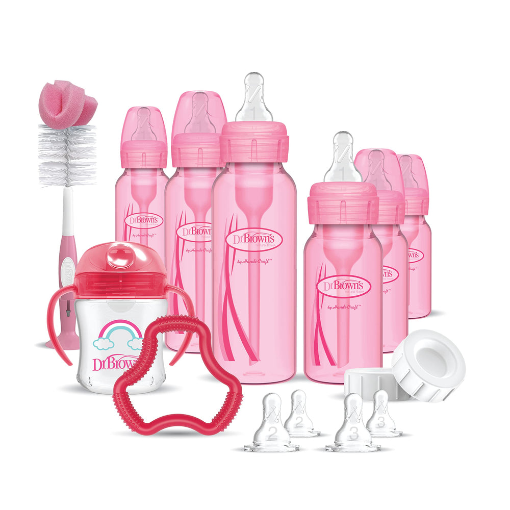 Dr. Brown's Natural Flow pink bottle shows anti-colic design for calmer feeds