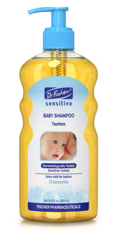 Dr. Fischer Newborn Shampoo bottle pump; effortless tear-free bath time with gentle cleansing.