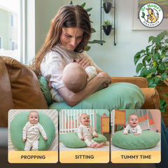 Dr. Mama's Organics nursing pillow 7-inch height detail highlights ergonomic latch support.