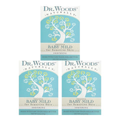 Dr. Woods Unscented Baby Mild Bar Soap packaging showing fragrance-free formula for sensitive skin