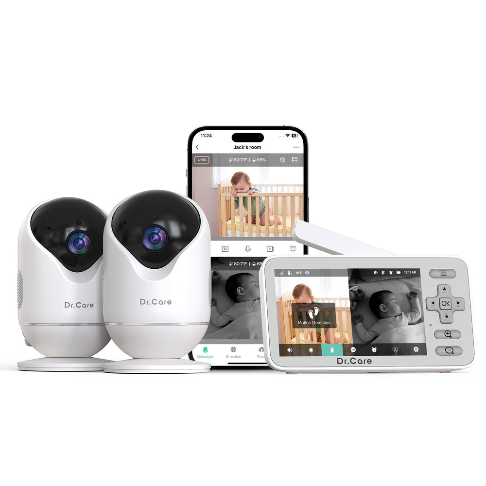 Dr.Care VistaView Lite dual-monitor setup provides comprehensive baby-room visibility for peace of mind