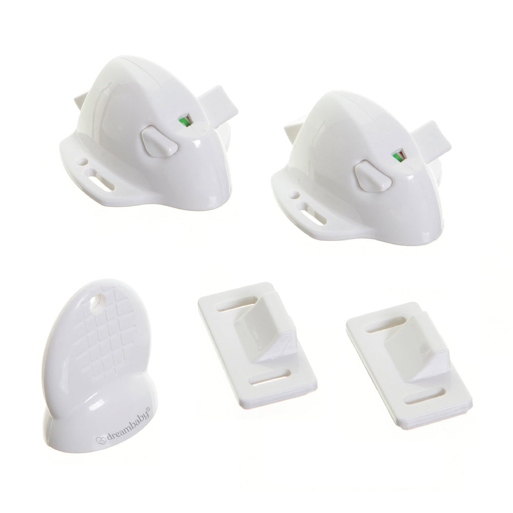 Dreambaby Adhesive Mag Locks inside cabinet showing hidden safety for kids.