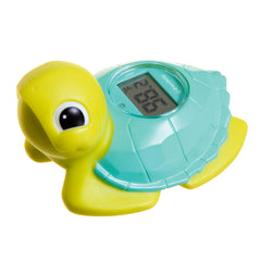 Dreambaby floating turtle thermometer in bath shows safe water temperature for baby's bath.