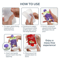 Dreambaby Pouch Pal squeeze-proof design reduces spills during toddler meals.