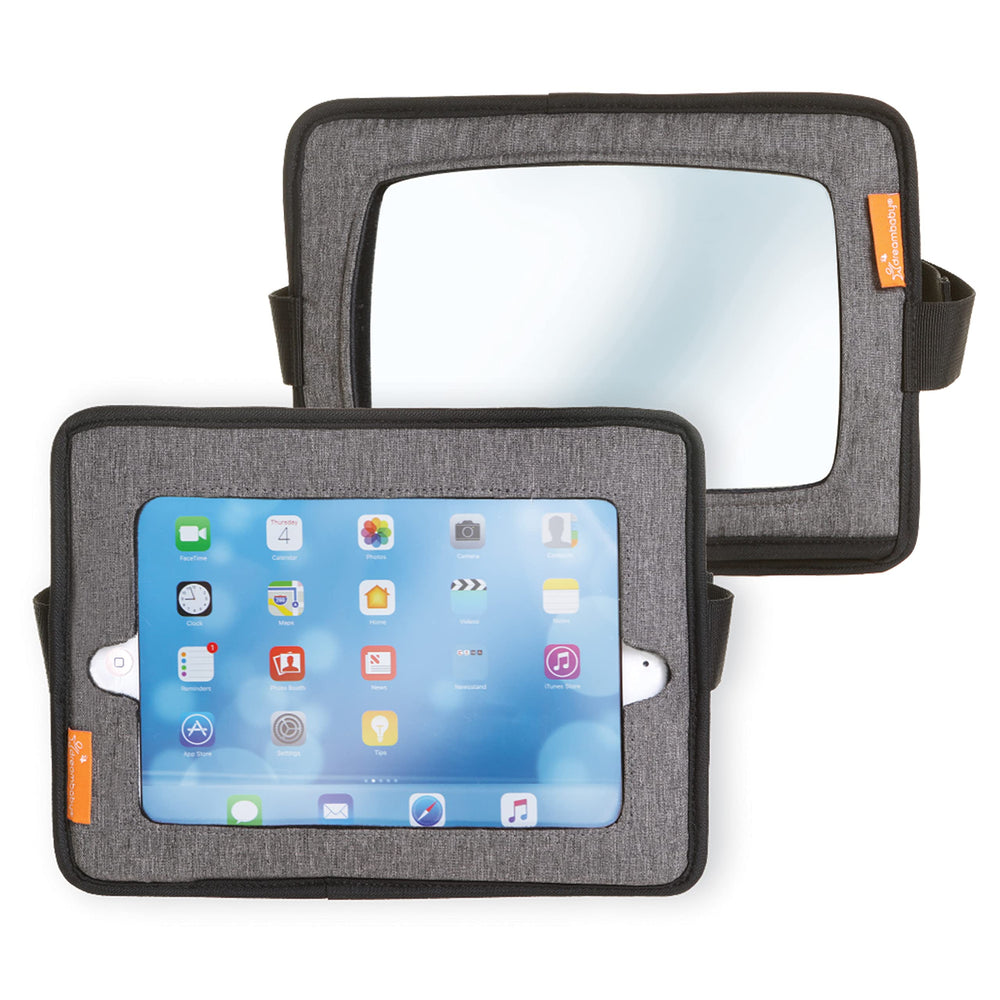 Dreambaby reversible car back seat mirror tablet holder in use with rear-facing child.