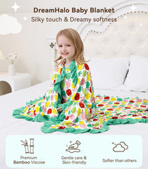 DREAMHALO Apple blanket laid flat to reveal generous 50x50 size for growing baby.