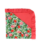 DREAMHALO Flamingo blanket closeup shows buttery-soft bamboo viscose texture for cozy, skin-friendly sleep