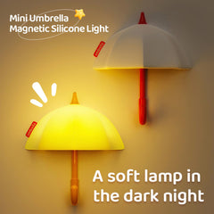 Dreaming My Dream umbrella night light on bedside table glows softly.