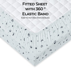 Dreamology Planets crib sheets elastic edge ensures secure, slip-resistant fit.