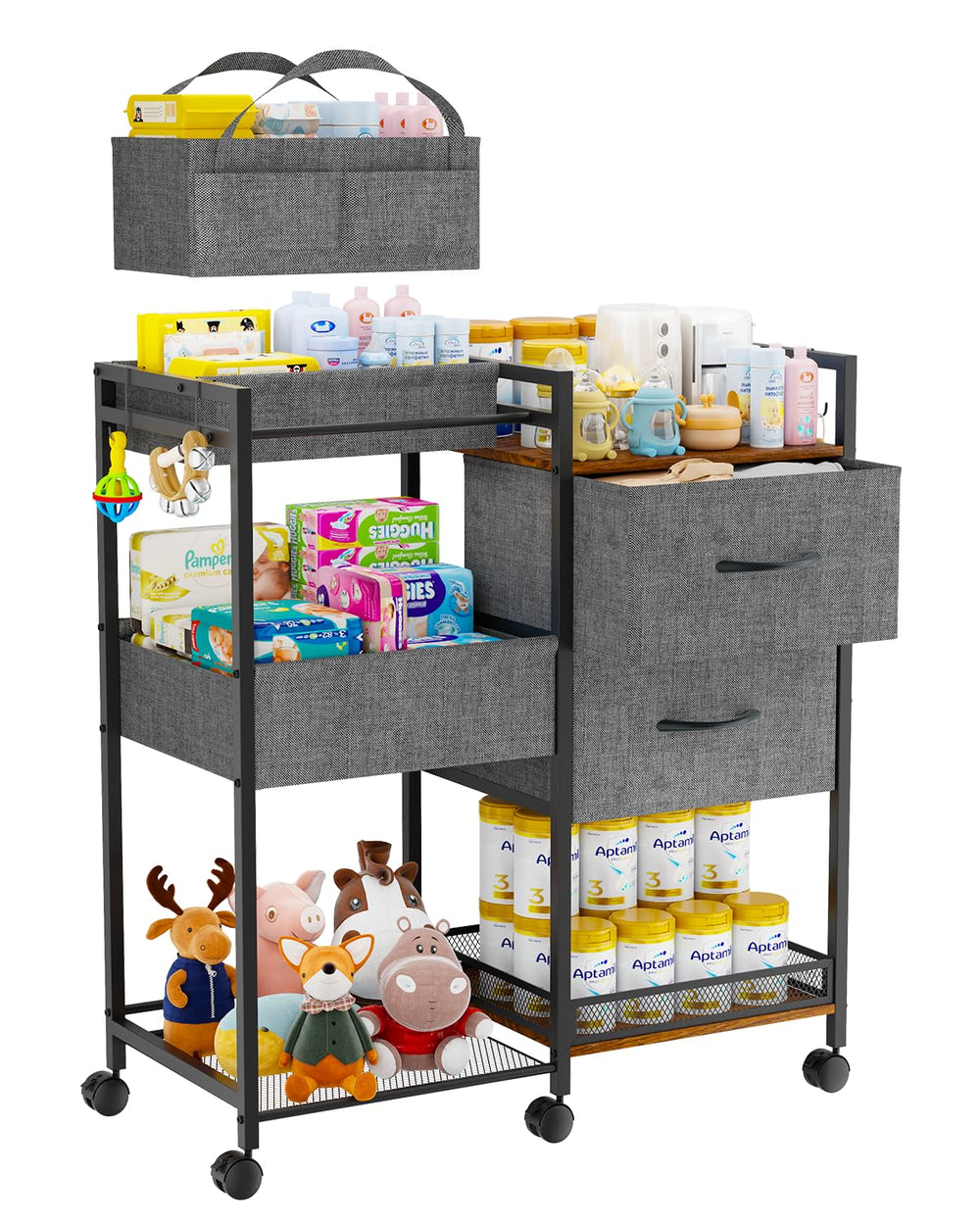 DreamPine baby storage cart 3-tier keeps diapers within reach.