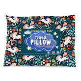Dreamtown Kids toddler pillow with woodland unicorn closeup shows soft, hypoallergenic fabric for gentle naps