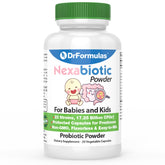 DrFormulas Nexabiotic probiotic powder shown with a baby spoon for gentle dosing.