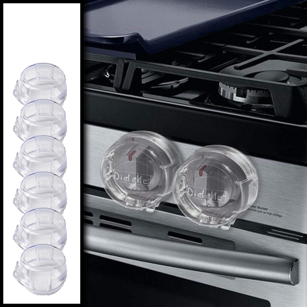 Driddle 6-pack clear stove knob safety covers installed on an oven knob for childproofing.