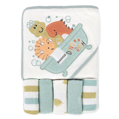 Drippy Dinos hooded towel keeps baby warm and dry after bath.