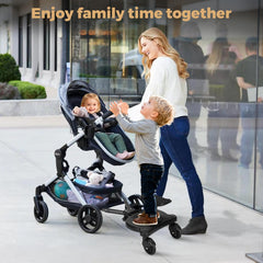 Drizzlen stroller board adjustable height and width for a comfortable stride