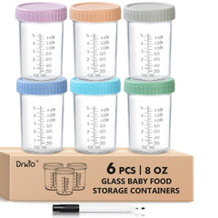 DRKIO 6-pack glass baby food containers for easy portioning on the go