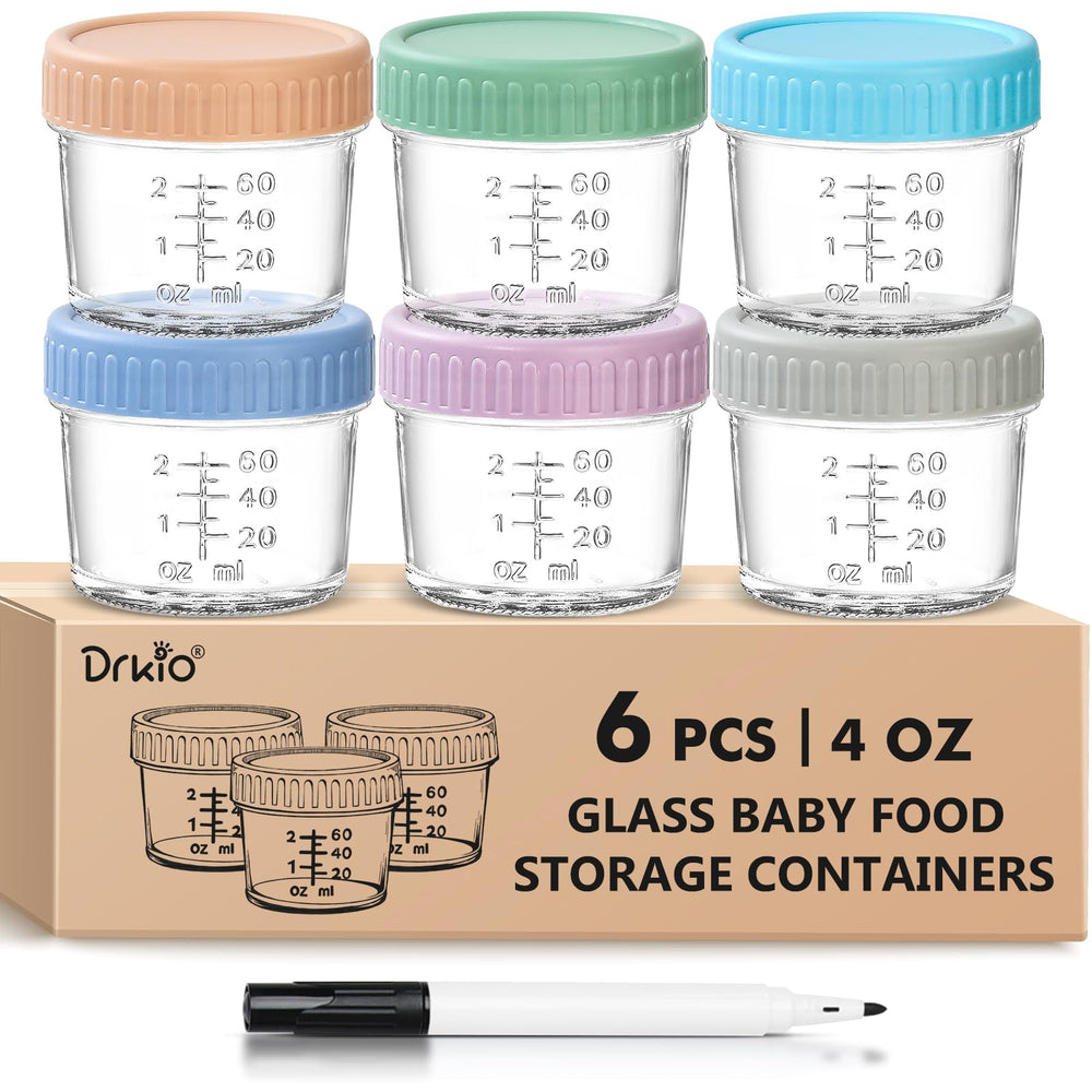 DRKIO 6-pack glass baby food jars front view with sturdy, leak-proof construction.