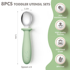 DRKIO toddler spoons with ergonomic grip and soft colors for easy self-feeding