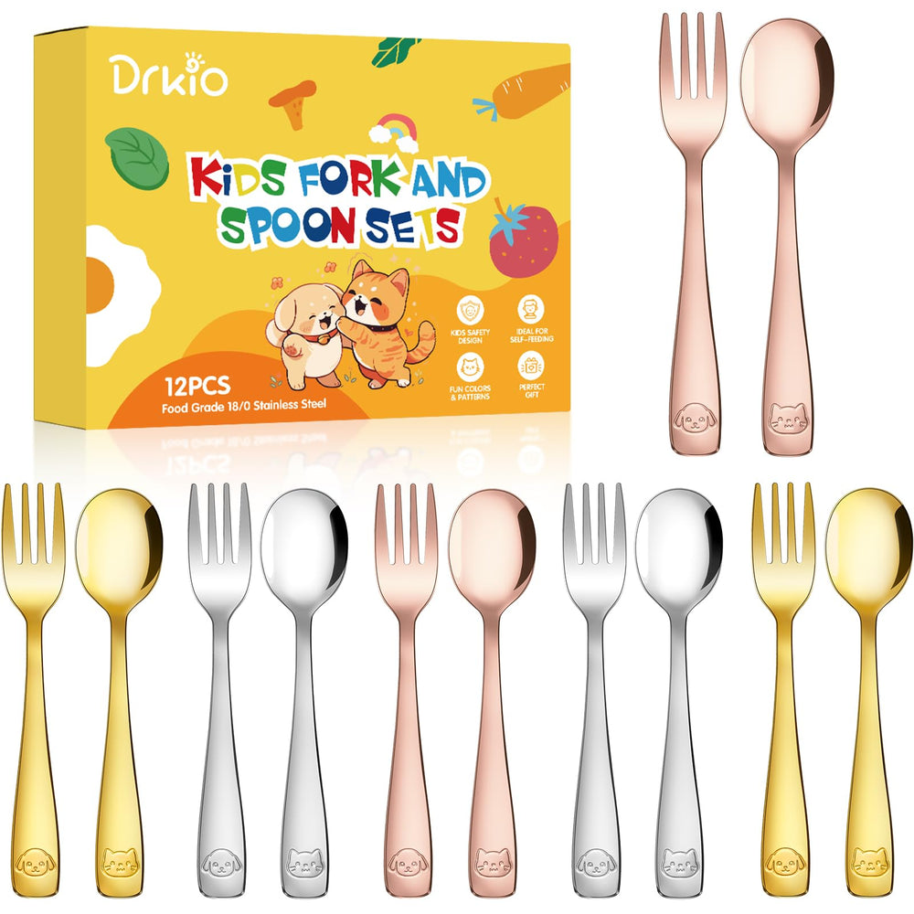 DRKIO 12-piece toddler utensils set in colorful finish for independent dining.
