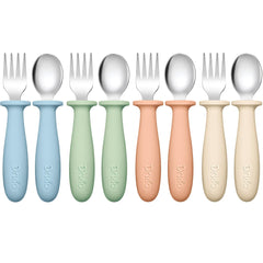 DRKIO toddler utensils with colorful handles support independent self-feeding and exploration.
