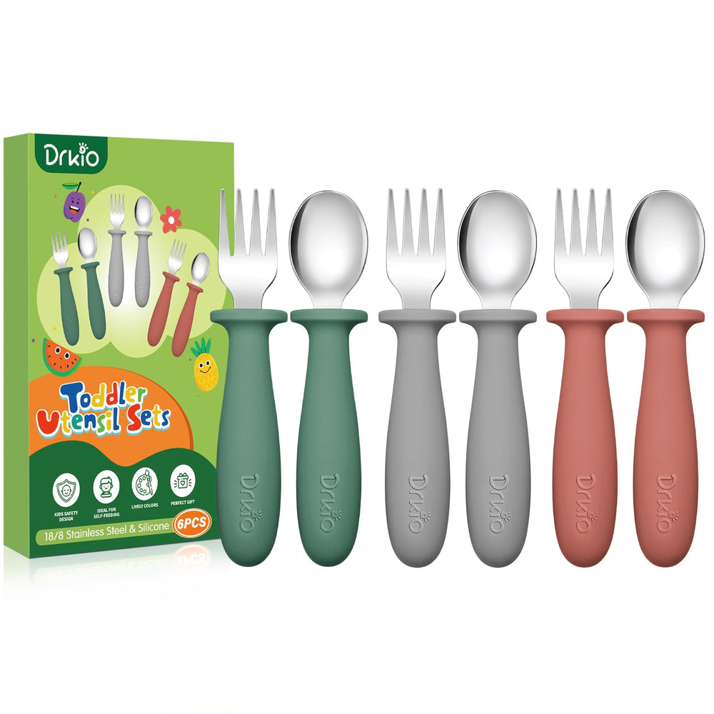 DRKIO toddler utensils set with colorful spoons and forks supports independent self-feeding.