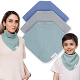 Drybble bandana bib marine front view showing spill protection for kids and adults.