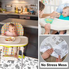 Drydiet 28x47 inch floor mat under a high chair protects surrounding surfaces.