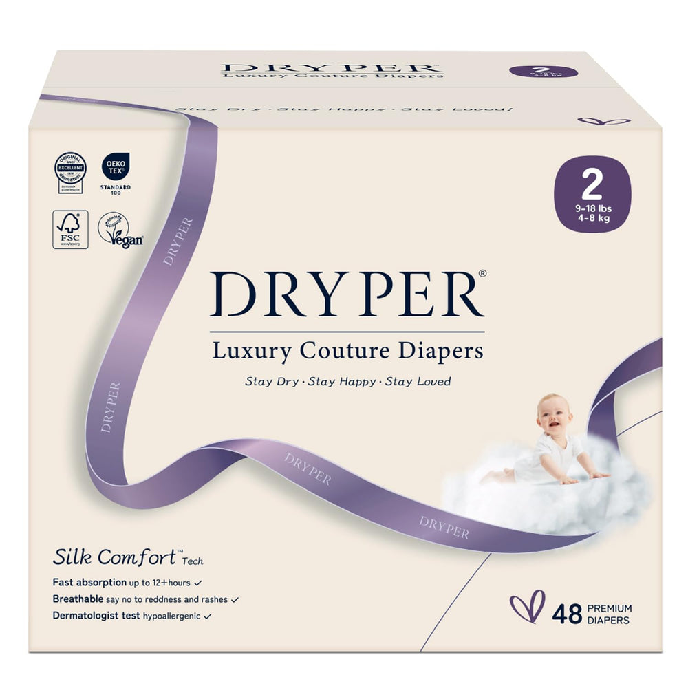 DRYPER newborn diaper pack front shows slim silhouette for all-day comfort.