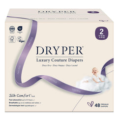 DRYPER newborn diaper pack front shows slim silhouette for all-day comfort.