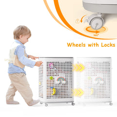 DTK toy box with wheels pegboard close-up highlighting exterior attachment area.