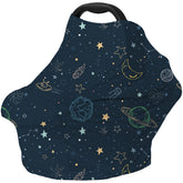 Dudeeghes car seat cover in navy space print shields sun and wind for baby.