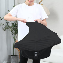Dudeeghes carseat cover in-use nursing view shows breathable, stretchy fabric.